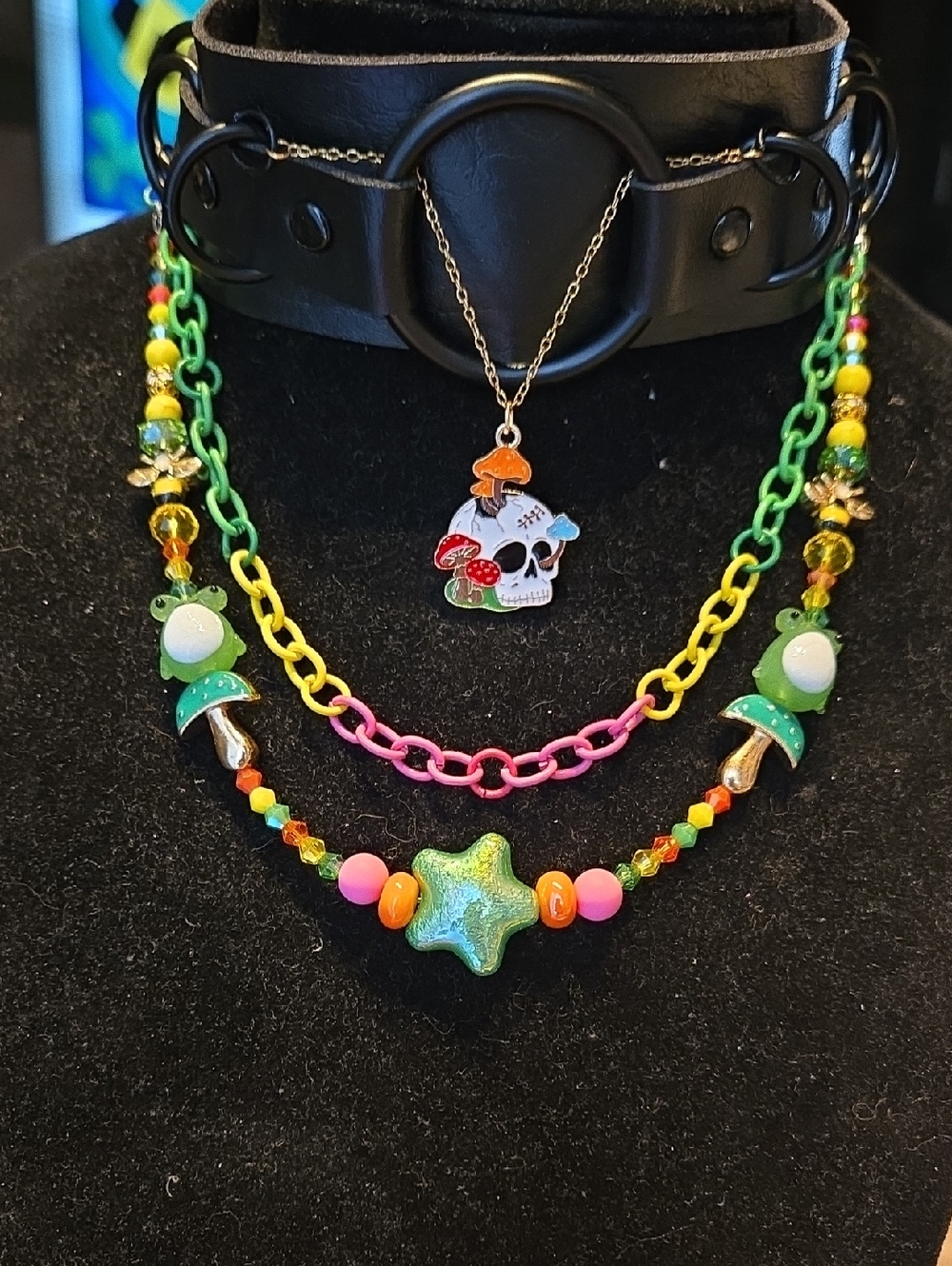 Handmade Mushroom & Star Layered Necklace Set - Green Pink Yellow